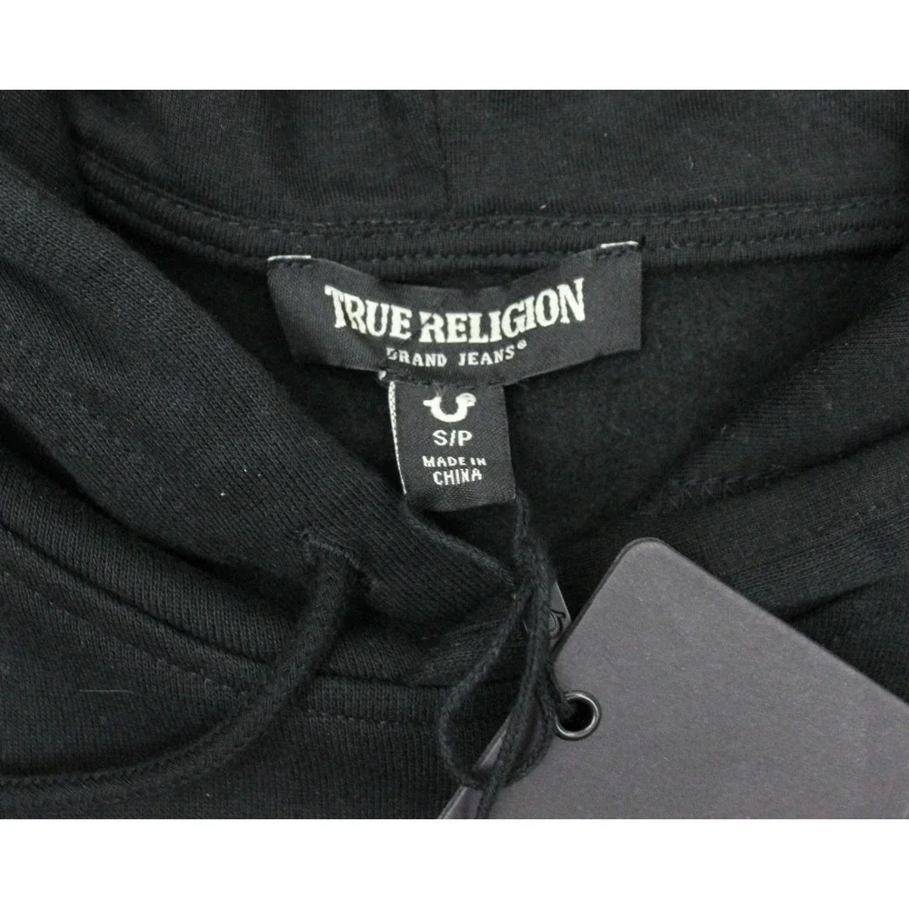 True Religion Hoodie Mens Small Black Arch Logo Pullover Fleece Sweatshirt New